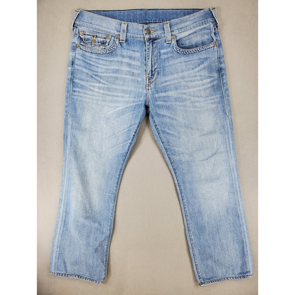 True Religion Ricky Relaxed Straight Jeans 36x27 Blue Light Wash Horseshoe Y2K